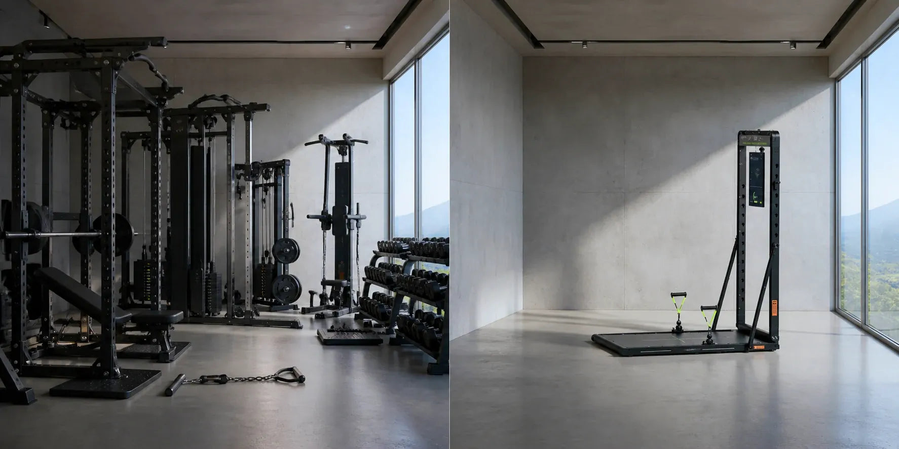 A room of separate gym stations beside one OMNI X1 Pro in an empty room